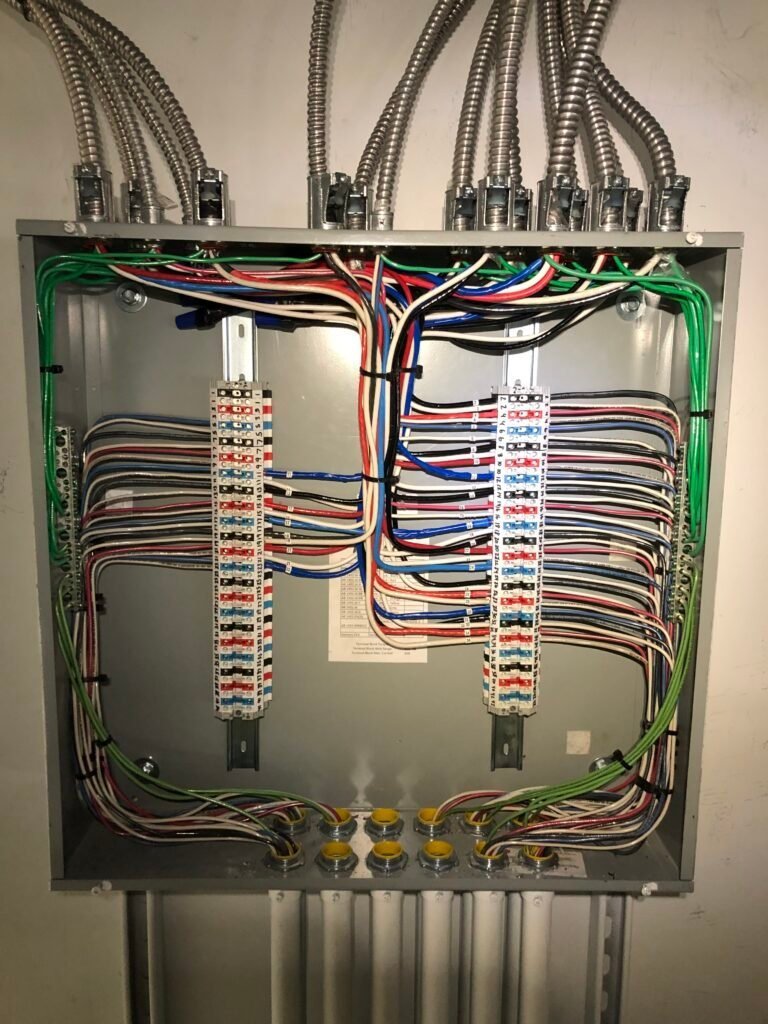 Neatly terminated and colour-coded commercial panel wiring