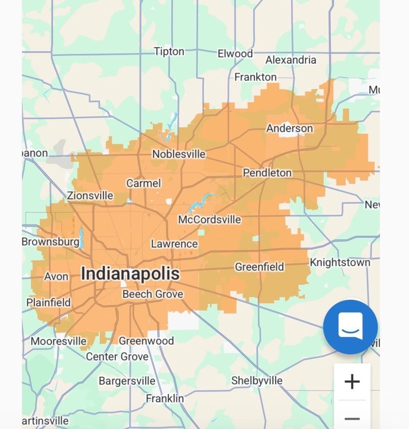 Map of the New Wire LLC service area covering the Indianapolis metro